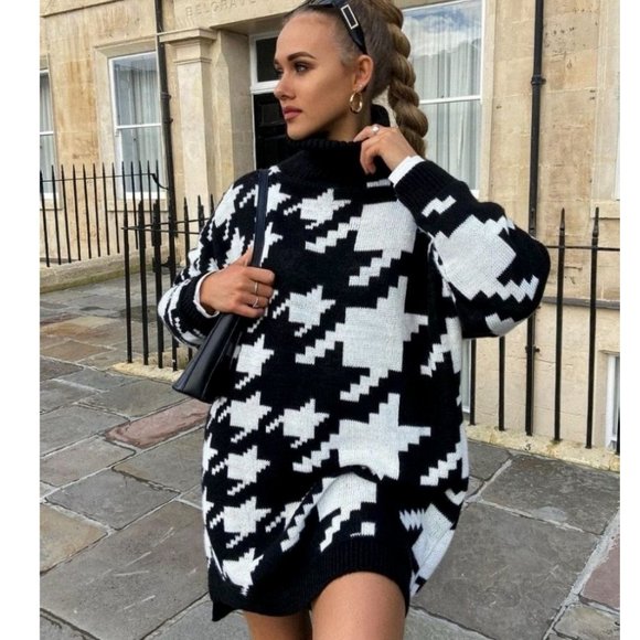 Black Knitted Houndstooth Long Sleeve Turtleneck Oversized Mini Sweater Dress - Picture 2 of 9